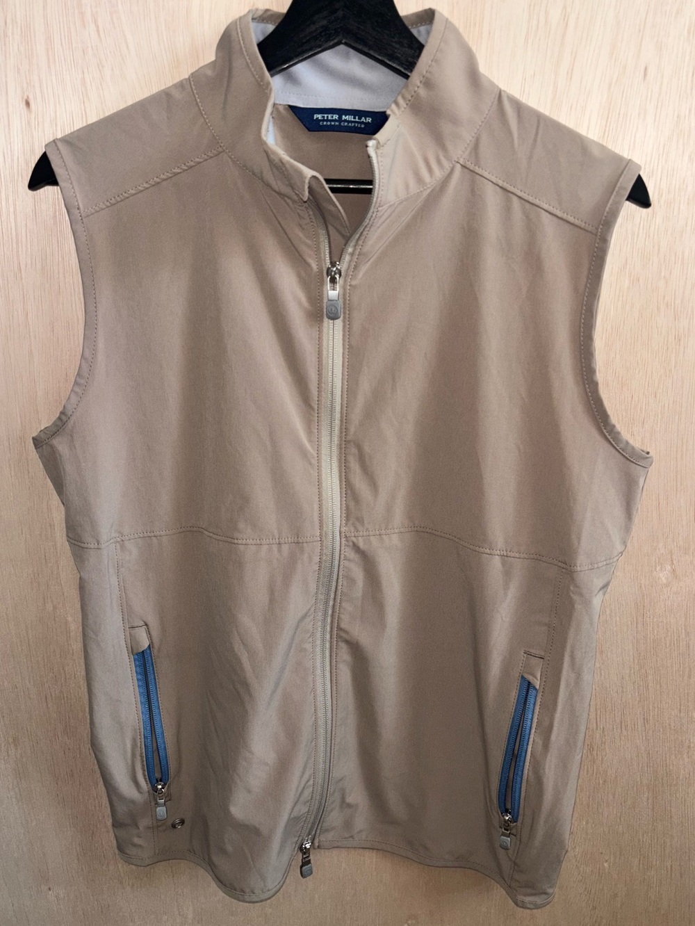 Peter Millar Beige Travel Vest with Blue Zip Accents